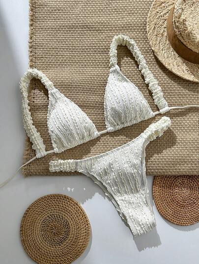 Swim Mod Women's Summer Beach Solid Color Frill Trim Sexy Bikini Swimsuit Set