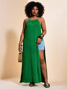 Slaydiva Plus Size Sage Green Summer Boho Beach Holiday Dress,Sleeveless High Slit Sides Wrap Yacht Dress,Women's Casual Cruise Travel Wedding Guest Outfits - Green - View 5