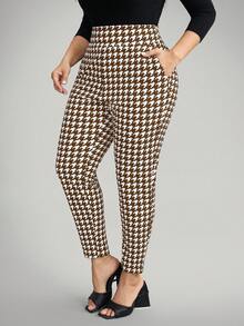 Comfylo Plus Size Houndstooth Print High Waist Slim Fit Pants - Brown - View 4