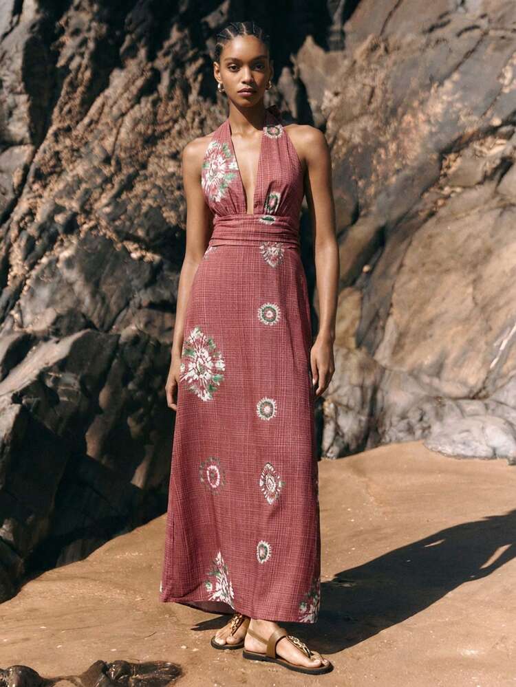 SHEIN Maija Women's Summer Sexy Beach Vacation Spiral Tie-Dye Print Backless Knotted Ruched Waist Dress  St Patrick's Day Women Easter Summer Outfits Easter Dress Women Party Top Beach Dress Summer Holiday Outfits Each Vacation Outfits For Women  Summer Outfit For Women Going Out Outfits Graduation Graduation Outfit  Casual Dresses  Casual Blouses For Women Resort Wear Resort Dresses Pink Floral Dress Women Rose Dress