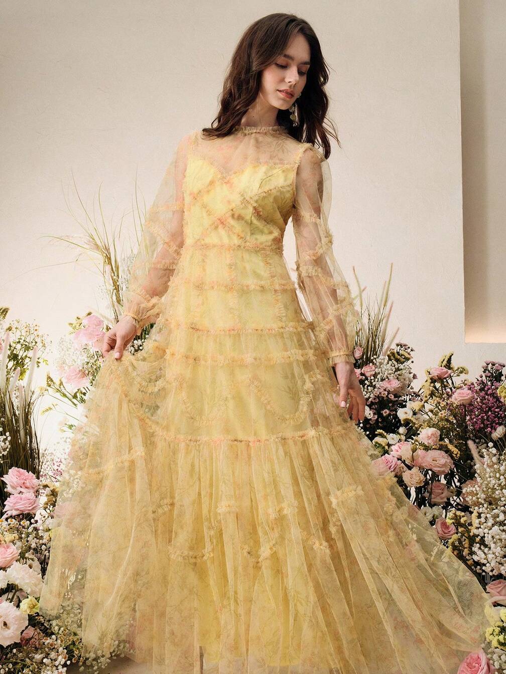 Anewsta Pale Yellow Round Neck Long Sleeve Strapless Semi-Sheer A-Line Dress, Suitable For Wedding, Birthday Party, Banquet｜Motf