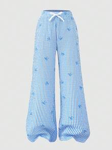 SHEIN 女童粉色条纹蝴蝶结印花泡泡质感腰带白色撞色系带宽松裤 - 藍色 - 查看 4