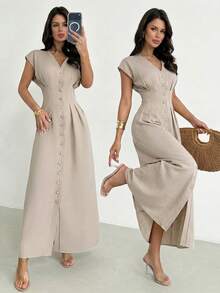 Firerie 女士新款卡其色V领泡泡袖荷叶边收腰长款连衣裙，V领长款连衣裙，纯色长款连衣裙，V领纽扣前开襟长款连衣裙，宽松荷叶边下摆长款连衣裙，收腰泡泡袖休闲工作连衣裙，春夏服装，优雅，通勤，婚礼季，毕业典礼，舞会，演出，工作服，返校季，晚宴，生日礼服，连衣裙，生日礼服，正式场合 - 卡其色 - 查看 9