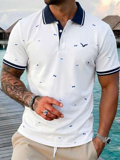 Manfinity RSRT Camisa polo con cuello vuelto y estampado para hombres, adecuada para salidas, reuniones y vacaciones