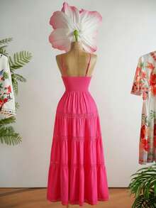 Travachic 女士荷叶边蕾丝吊带连衣裙，多层长款连衣裙，粉色蕾丝，夏季连衣裙，夏季穿搭，女士夏季连衣裙，女士优雅连衣裙，女士度假穿搭，节日连衣裙，女士复活节连衣裙 - 玫紅色 - 查看 2