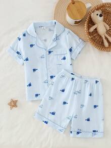 Young Boys Pajamas Set Summer Family Matching Button Front Short Sleeve Collar Shirt Short Pants Cartoon Car Blue White Striped Loungewear All Season - Blue and White - View 1
