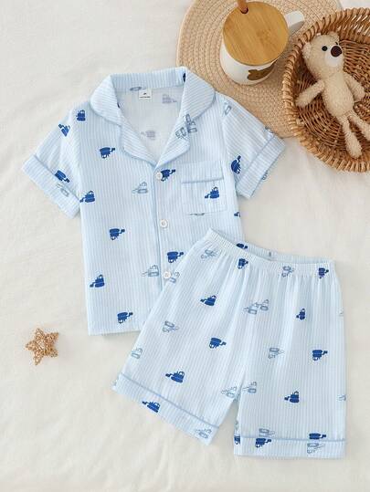 Young Boys Pajamas-Pajama Set Button Front Short Sleeve Collar Shirt Short Pants Cartoon Car Print Blue White Striped Loungewear All Season 2026 New Year Essential Versatile And Comfortable Warm And Cute Style