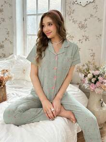 CottageSlumber Women's Ditsy Floral Short Sleeve Button-Up Top And Pants Pajama Set - Green - View 5