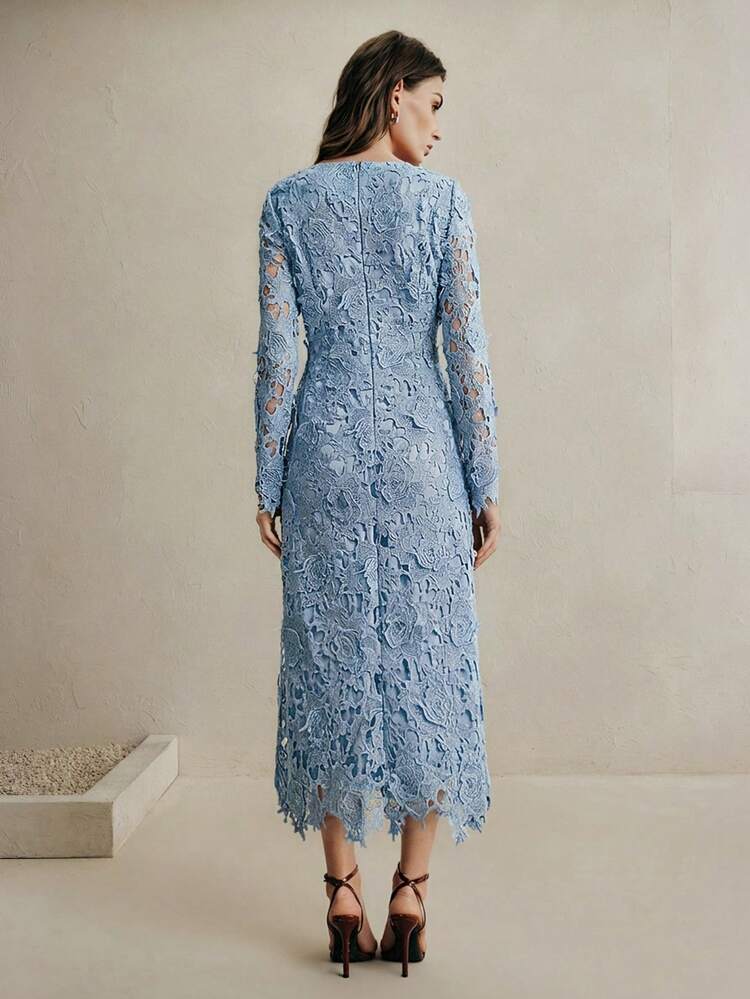 Burgundy Water-Soluble Lace Mid-Length Elegant Dress, Suitable For Party, Wedding Guest