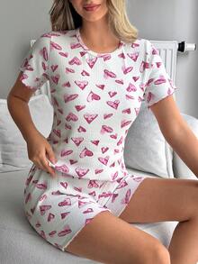 SHEIN Bộ đồ ngủ 2 món bằng cotton màu trắng với họa tiết trái tim tím lớn, cổ tròn, tay ngắn, dệt kim và quần short, đường may tương phản tinh tế, thoải mái, thích hợp mặc ở nhà cho nữ. - trắng - Xem 6