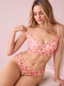 Bonmuse 2 件套女士性感内衣：粉色牡丹印花网眼褶皱钢圈性感文胸搭配褶皱丁字裤性感内裤，可爱 - 粉色 - 查看 9