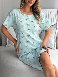 SHEIN 棉质罗纹针织薄荷蓝，撞色蝴蝶图案，圆领短袖，长款撞色缝线细节，家居舒适休闲睡裙，女士睡衣 - 薄荷藍 - 查看 4