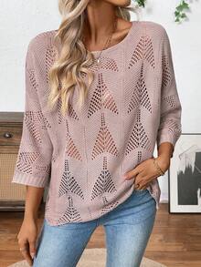 EMERY ROSE Unique Design Hollow-Out Knit Sweater For Women, Loose Fit 3/4 Sleeve Round Neck Cardigan, Spring/Summer - Khaki - View 5