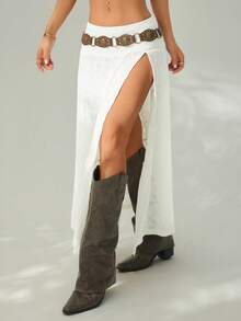 SHEIN PETITE Women's Vintage Solid Color Textured High Slit Skirt, Summer - White - View 3