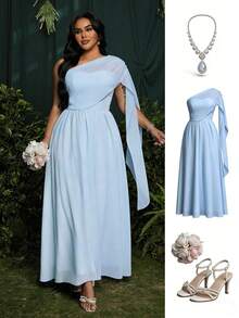 Roveilla 大码不对称雪纺优雅度假连衣裙，蓝色，春夏款 - 藍色 - 查看 9