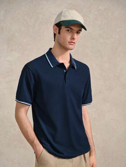 Manfinity Homme Men Single Striped Trim Quarter Button Work Casual Polo Shirt, Boyfriend Gift Tenniscore