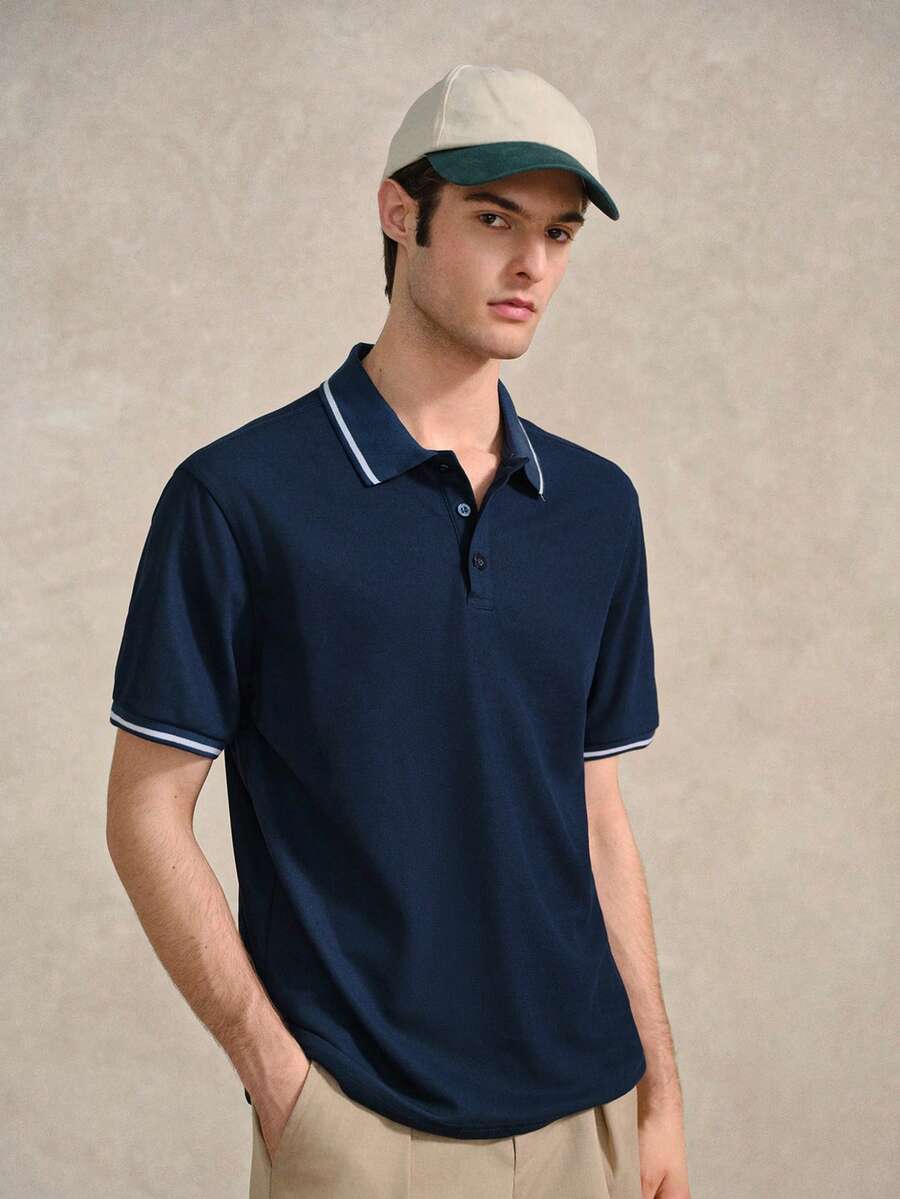 Áo polo nam cổ bẻ cài khuy đơn giản, viền sọc, thích hợp làm quà tặng cho bạn trai, chơi tennis, golf, có túi, thoáng khí, dáng regular fit, quà tặng Ngày của Cha. - Màu xanh hải quân - Xem 1
