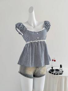 Sweetra 女士蓝色吊带背心，甜美性感，清新风格，适合度假、海滩、休闲和通勤，正面荷叶边装饰，宽松下摆设计，女士上衣 - 藍色 - 查看 6