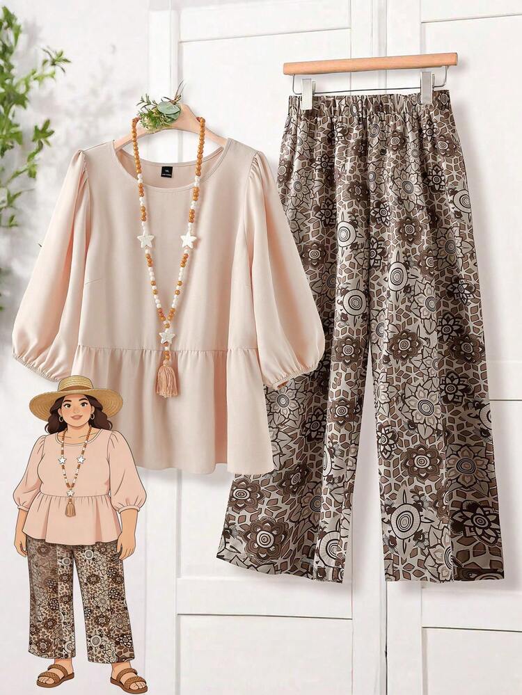 Plus Size Women's Solid Color Lantern Sleeve Ruffle Hem Shirt And Floral Print Pants Casual Suit,Summer Dresses For Women,Spring Outfit Women ,Vacation Outfits Women Women Outfit Set Women's Outfit Sets 2pc Sets For Women Casual Sets For Women Spring Outfits For Women Set Women Casual Outfits Women Outfits Sets Women's Summer Outfits Women Clothes Sets