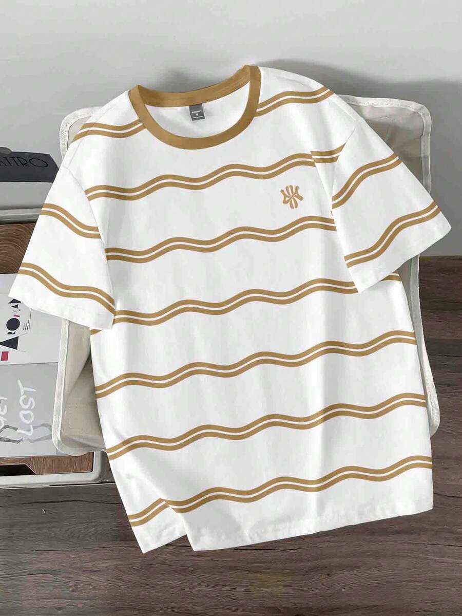 Manfinity Joysei Men's Casual Wavy Pattern T-Shirt, Suitable For Outdoor Wear - White - View 1