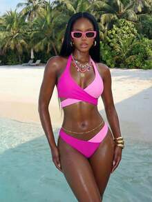 Slaydiva Women's Color Block Halter Bikini Top, Beach Bathing Suit Summer - Pink - View 3