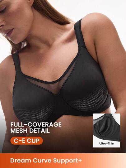 LUVLETTE Plus Woman  Curvy Lingerie Full Coverage Support&Breathable Underwire Sexy Unlined Black Mesh No-Show Seamless Invisible Minimizer Bra