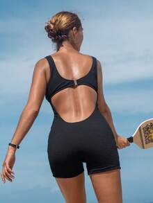 Swim SPRTY Traje de baño de una pieza de unicolor y espalda descubierta para mujer - Negro - Ver 2