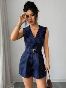 GlowEve Bộ jumpsuit nữ thời trang xuân/hè mới, kẻ sọc, dệt kim, cổ ve áo, không tay, thắt lưng kim loại, thanh lịch, thích hợp đi làm và mặc hàng ngày. - Màu xanh hải quân - Xem 5