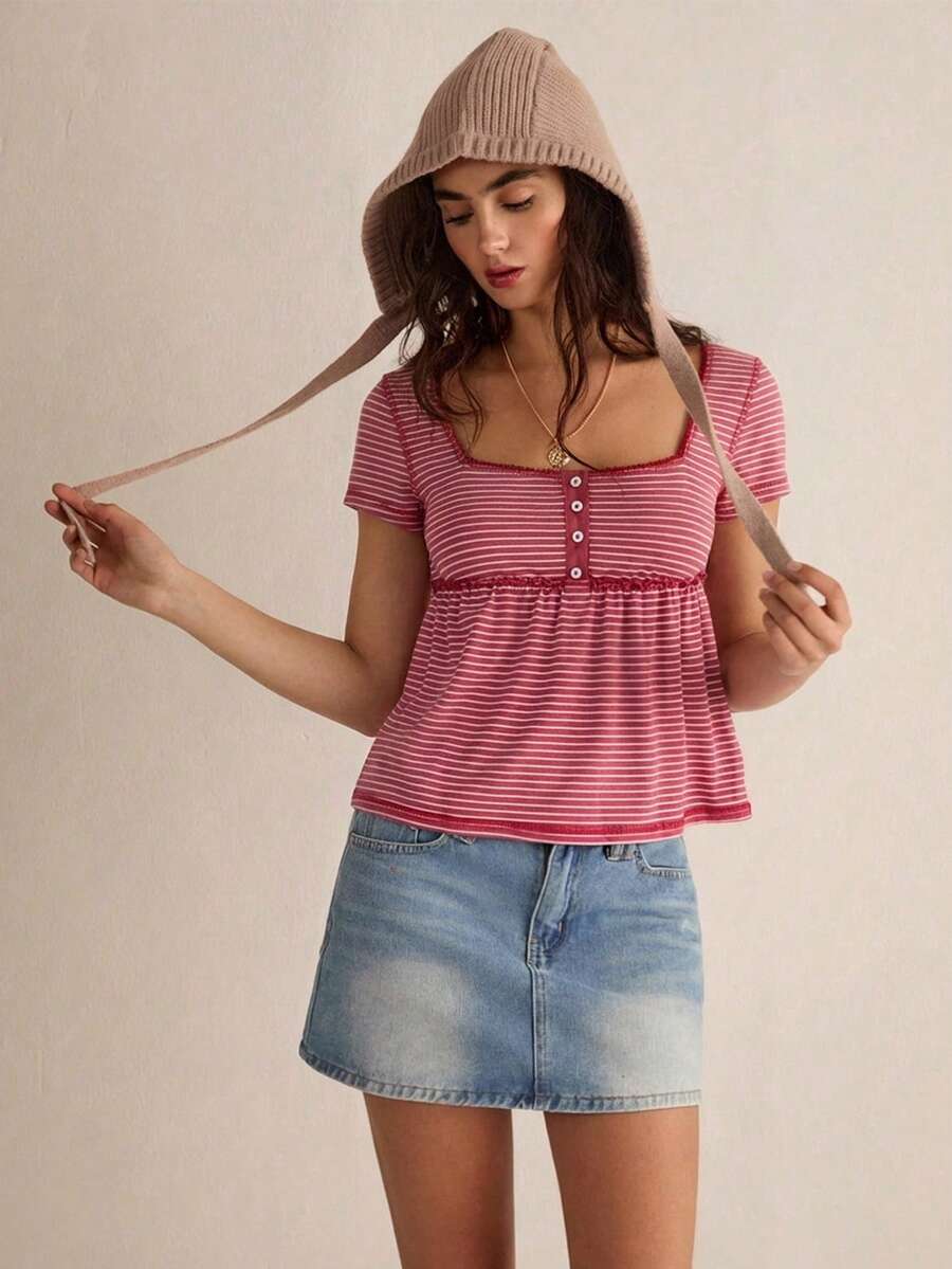 Easelle 女士红白条纹针织露脐上衣 - 紅白色 - 查看 1