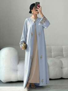 Yasmyna Áo Abaya dài tay có mũ trùm đầu thêu hoa dành cho nữ - Màu xanh nhạt - Xem 3