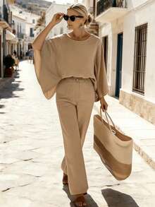 Balvessa Khaki Batwing Sleeve Loose Shirt And Straight Leg Pants Two Pieces Casual Vacation Set For Women - Khaki - View 3