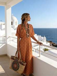 SHEIN Holidaya Đầm nữ in hoa cổ chữ V tay cánh dơi kiểu dáng thường ngày - Màu nâu tối - Xem 3