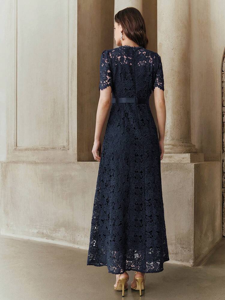 Anewsta Summer Vacation Water-Soluble Lace Romantic Light Dress, Round Neck Short Sleeve Romantic Bow Tie Waist Vacation Party Elegant Dress For Women