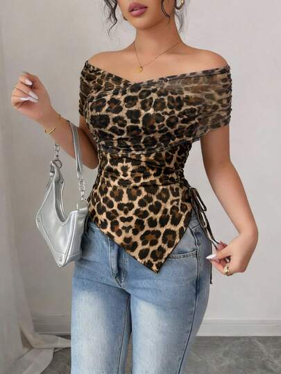 Rafferiza 2026 New Spring And Summer Women's Fashion Leopard Print Off-Shoulder Short-Sleeved Top, Sexy One-Shoulder, Mesh Spliced Double-Layer Collar Women's Top, Side Drawstring Ties To Adjust The Waist, Irregular Triangle Hem To Highlight The Waistline, Classic Leopard Print Retro, Suitable For Casual Commuting, Weekend Dates, Vacation Wear, Hot Girl Style, Mature Style And American Retro Style, Elegant, Luxurious, Romantic And Ladylike Style For Dating, Seaside And Urban. Elegant And Sexy Ladies' Tops With One-Line Collar, Suitable For Spring And Summer Wear, Fashionable Women's Tops For Daily Outings, Vacations, Dates, Gatherings And Glamor Parties.