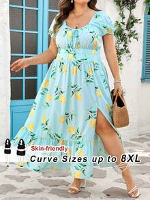 SHEIN CURVE+ Curve 尺码 US22 音乐节、海滨度假、波西米亚风女式水果印花开衩褶裥连衣裙 - 彩色 - 查看 6