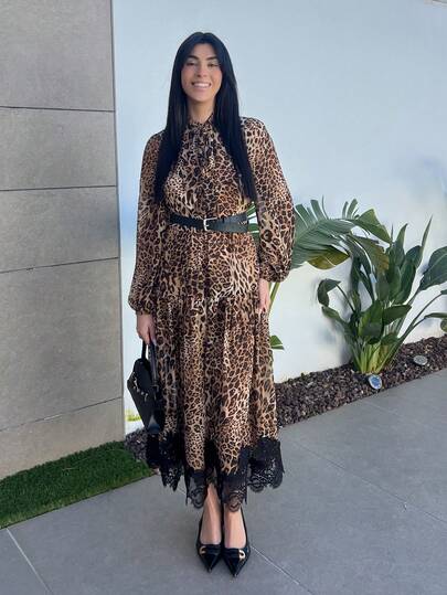 Hitanina 优雅女士长袖豹纹雪纺撞色蕾丝连衣裙，秋冬