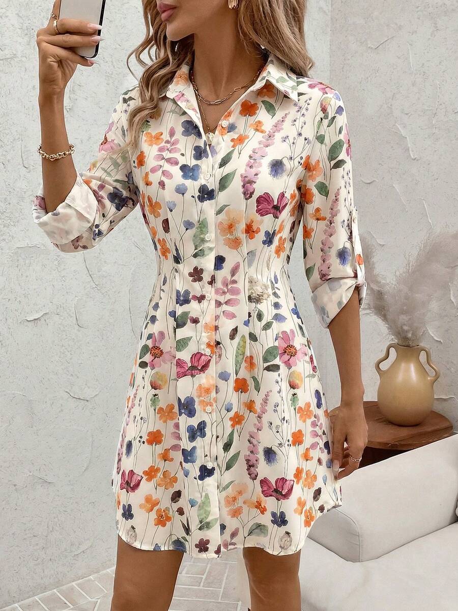 SHEIN Clasi 夏季度假女装时尚百搭通勤印花衬衫裙，夏季女装衬衫裙度假裙优雅衬衫裙女士休闲裙女士夏季连衣裙衬衫裙度假装女士度假裙女士连衣裙衬衫裙女士休闲裙 - 彩色 - 查看 1