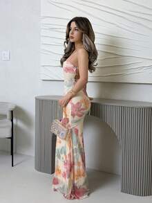 Jemour 女士优雅花卉印花露背连衣裙 - 粉色 - 查看 4