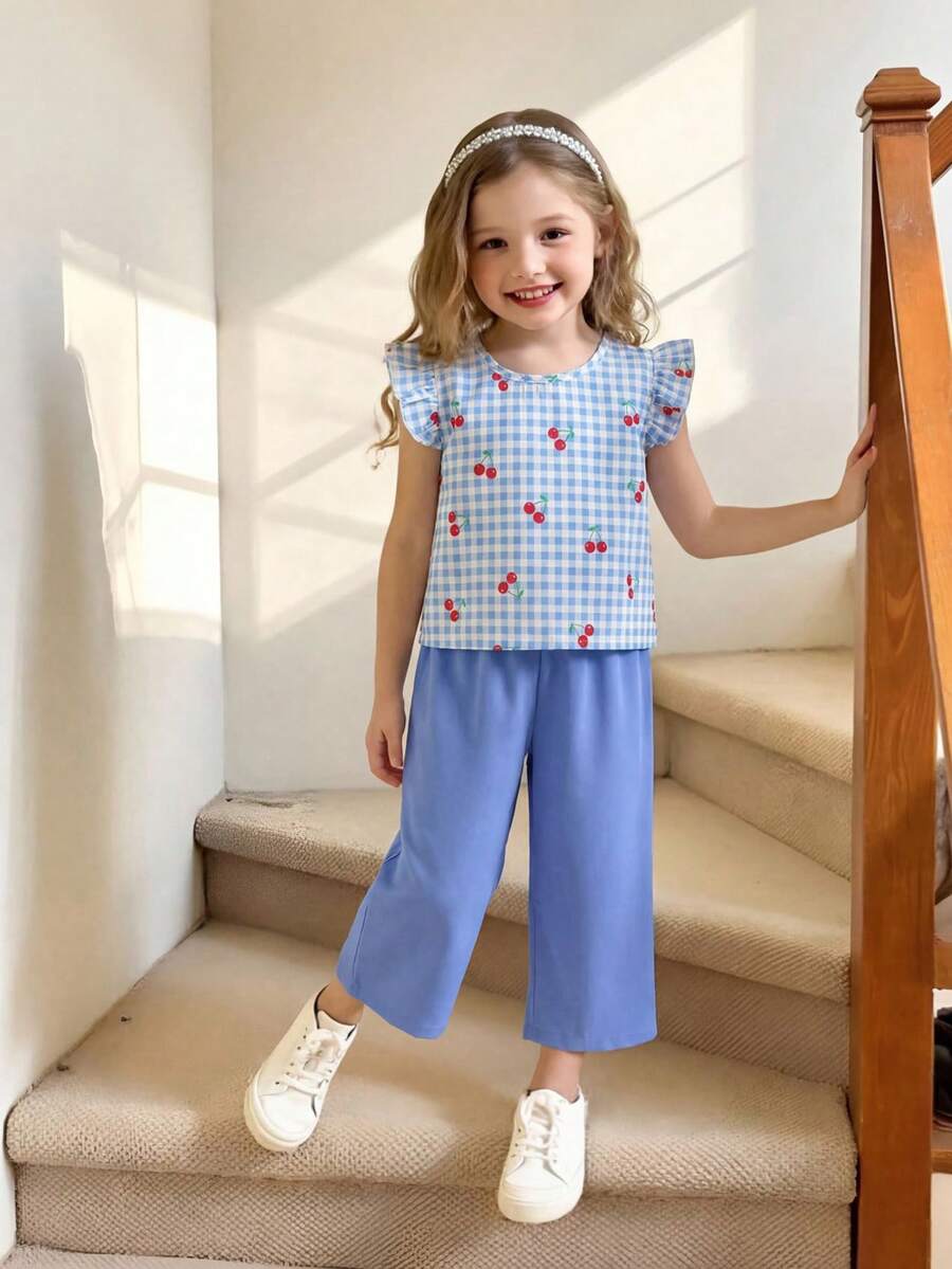 SHEIN 2pcs/Set Young Girls Textured Fabric Short Sleeve Button Back T-Shirt & Casual Long Pants Outfit - Blue - View 1