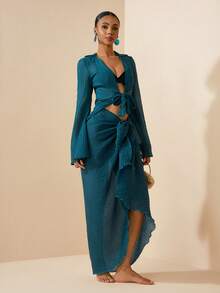 Zivah 2026 女士优雅度假休闲沙滩薄纱长款卡夫坦长袍 - 藍色 - 查看 7