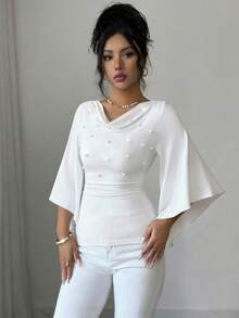 Elenzga Áo thun nữ dệt kim cổ đính ngọc trai, vạt xéo, tay lỡ 3/4, dáng ôm vừa vặn, thanh lịch, thích hợp đi làm, đi nghỉ mát, dự tiệc, ăn tối, dạo phố, mùa xuân/hè. - trắng - Xem 5