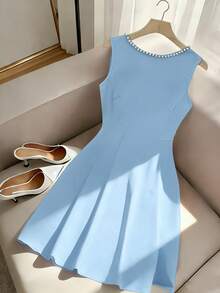 GlowEve Women's Red Backless Beaded Bow Decor Sleeveless Dress - Blue - View 2