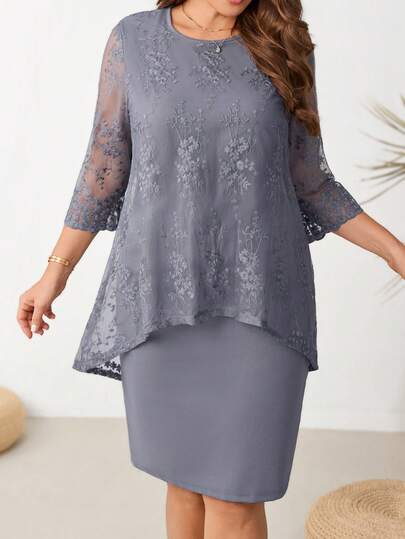 EMERY ROSE Rochie elegantă din dantelă, culoare uni, mărime plus, de vară