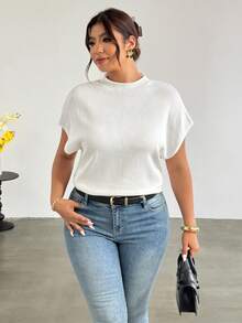 Firerie Plus Size Women Solid Color Batwing Short Sleeve Casual Knit Top Fall/Winter - White - View 7