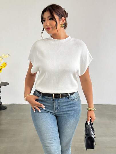 Firerie Plus Size Women Solid Color Batwing Short Sleeve Casual Knit Top