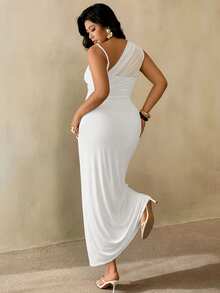 Auralis 大码女式优雅简约时尚基础款连衣裙，适合办公室、通勤、音乐节、海滩度假等场合，浅黄色薄纱无袖不规则领口褶皱修身连衣裙 - 白色 - 查看 3