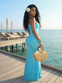 Slaydiva New Early Spring, Spring And Summer Music Festival, Valentine's Day, Easter, Bohemian Style, Nomadic Style, Casual, Simple And Basic, Cruise Party, Birthday Party, Daily Date, Casual Vacation, Elegant Commuting, Off-The-Shoulder, Single-Shoulder, Off-The-Shoulder, Slimming Long Dress, Sky Blue Dress, Gauze Dress, Women's Extra-Long Dress -A - Mint Blue - View 4