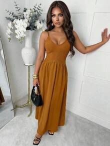 Slaydiva 早春新款、春夏音乐节、情人节、复活节、波西米亚风、游牧风、休闲简约风、邮轮派对、生日派对、日常约会、休闲度假、优雅通勤、露背、深V领、修身A字裙、质感、针织面料、梭织面料、橙红色连衣裙、女士长裙 -A - 鏽棕色 - 查看 4