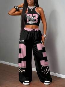 Slaydiva 2 piezas Conjunto de mujer de estilo casual de calle con camiseta ajustada y pantalones anchos de pierna ancha, adecuado para usar en la calle - Multicolor - Ver 6