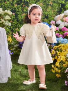 SHEIN 女婴圆领仿珍珠装饰休闲派对节日泡泡袖连衣裙 - 白色 - 查看 1